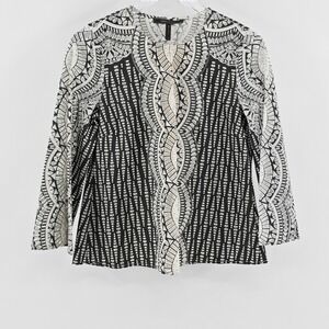 BCBGMaxAzria Womens Kyndal Top Size XS Black Beige Print Long‎ Sleeve Blouse